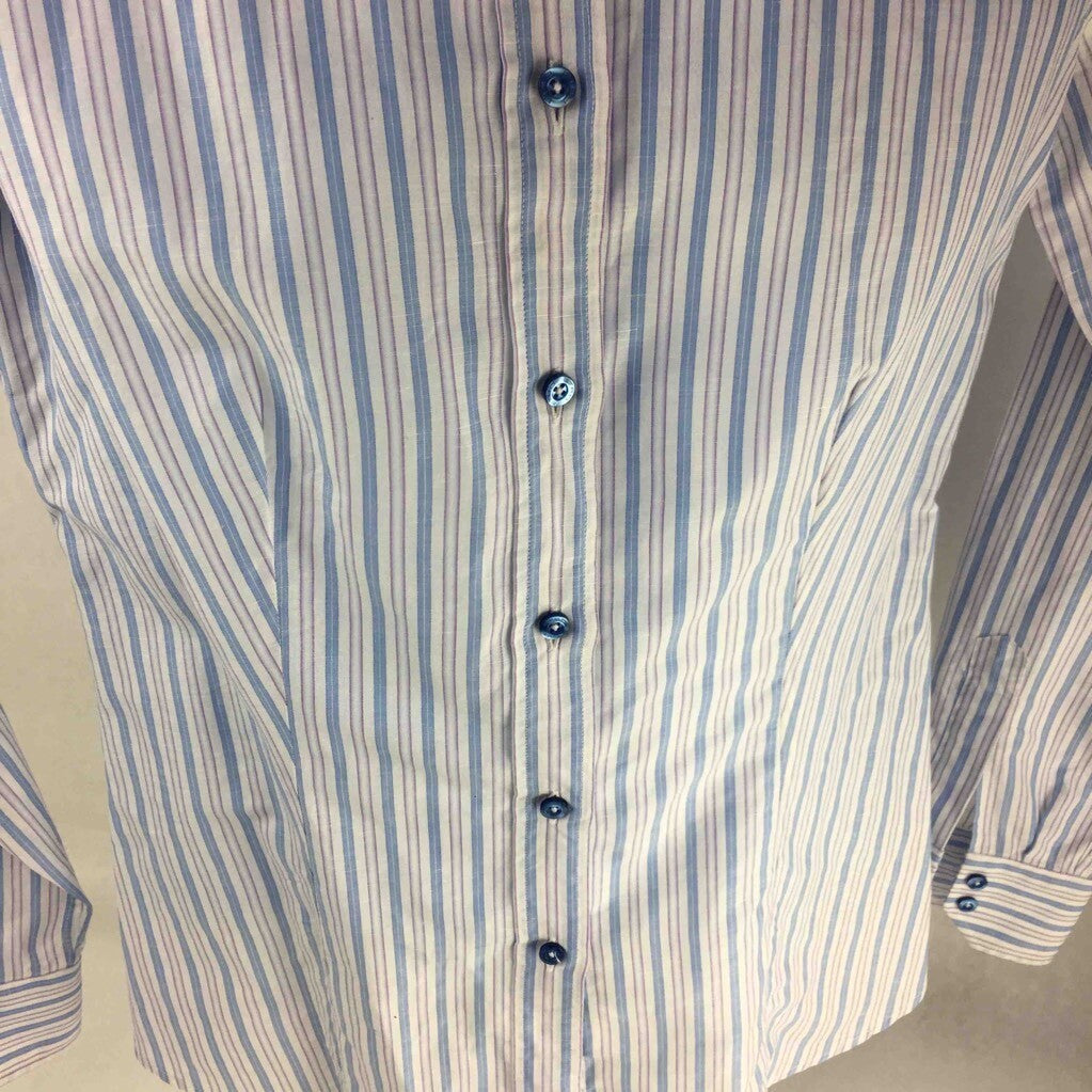 Etro Milano Button-Front Shirt White Blue Striped Long Barrel Cuffed Sleeves 44