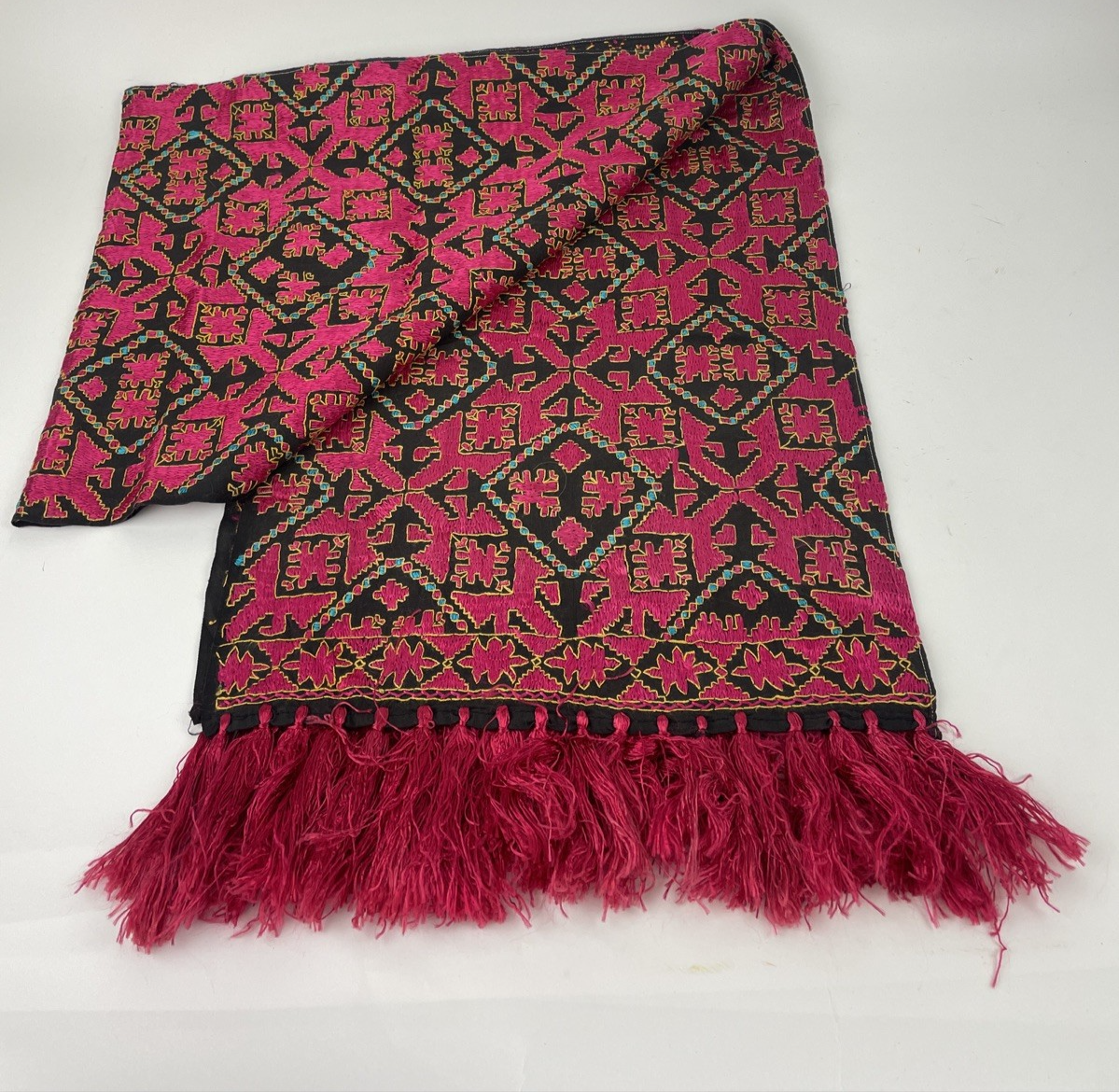 Vintage South Asian Silk Swati Textile Hand Embroidery Magenta Black 76" x 13.5"