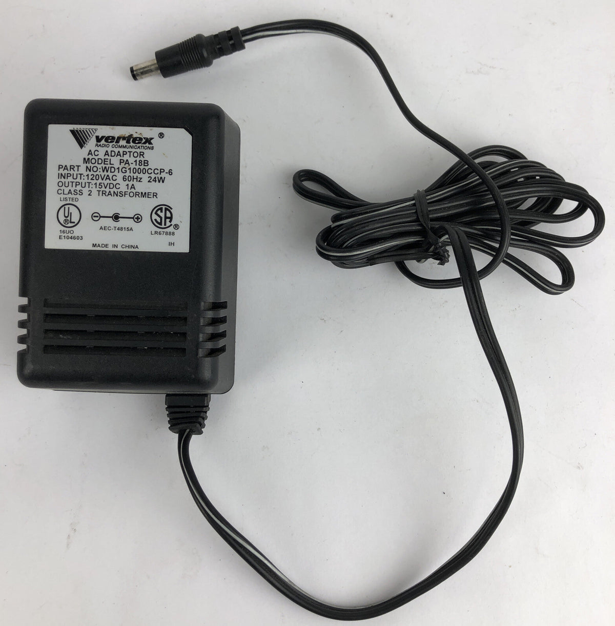 Vertex AC Adapter Model PA-18B 15VDC 1A Class 2 Transformer WD1G1000CCP-6    A11