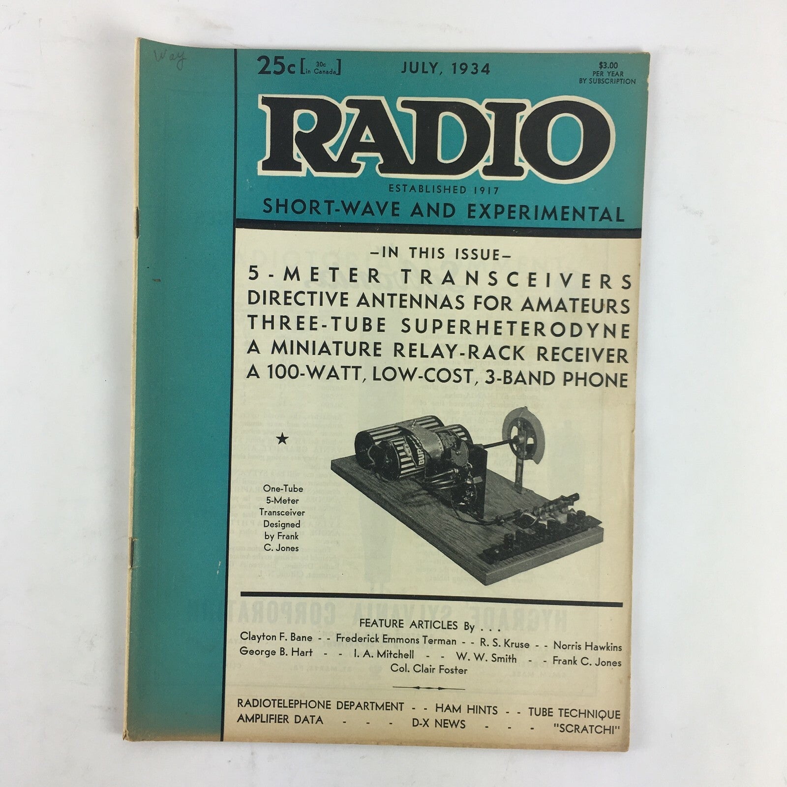 July 1934 Radio Magazine 5-Meter Transceivers Three Tube Superheterodyne C.Jones