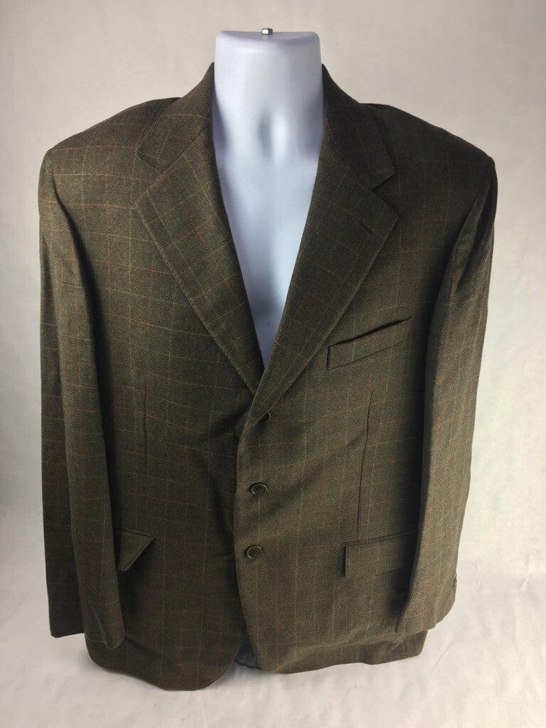 Faconnable Mens Suit Jacket Brown Windowpane Notch Lapel Wool Blend 54 US 44