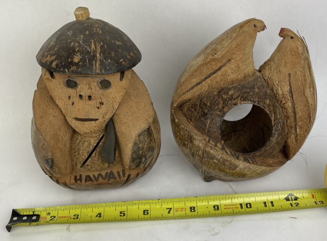 2 x Hawaii Coconut Carved Hand Made Tribal Native Birds Monkey Decor Hanging