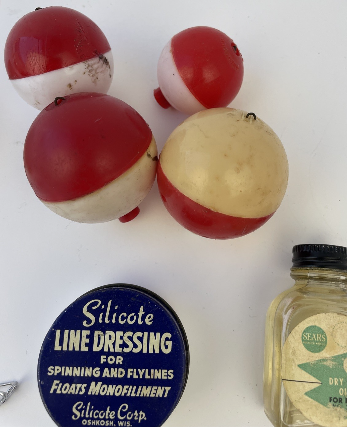 VINTAGE Fishing Lot SEARS Dry Fly Oil Silicote Line Dressing, Guide Glue, Guides