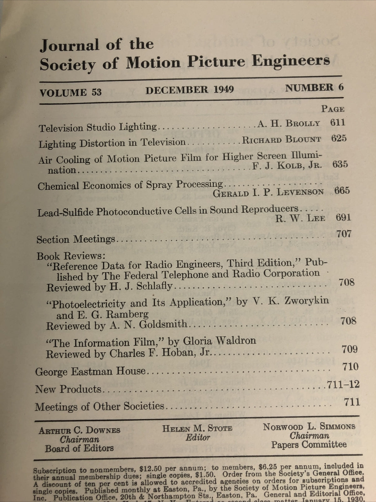 SMPE Journal Of The Society Of Motion Picture Engineers December 1949 VOL 53 No6