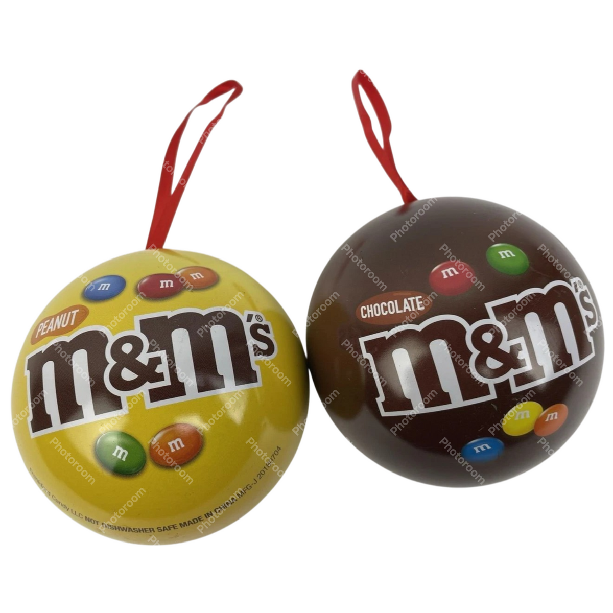 Lot of 2 x M&M Chocolate & Peanut METAL BALL CHRISTMAS ORNAMENT Empty -Rare Find