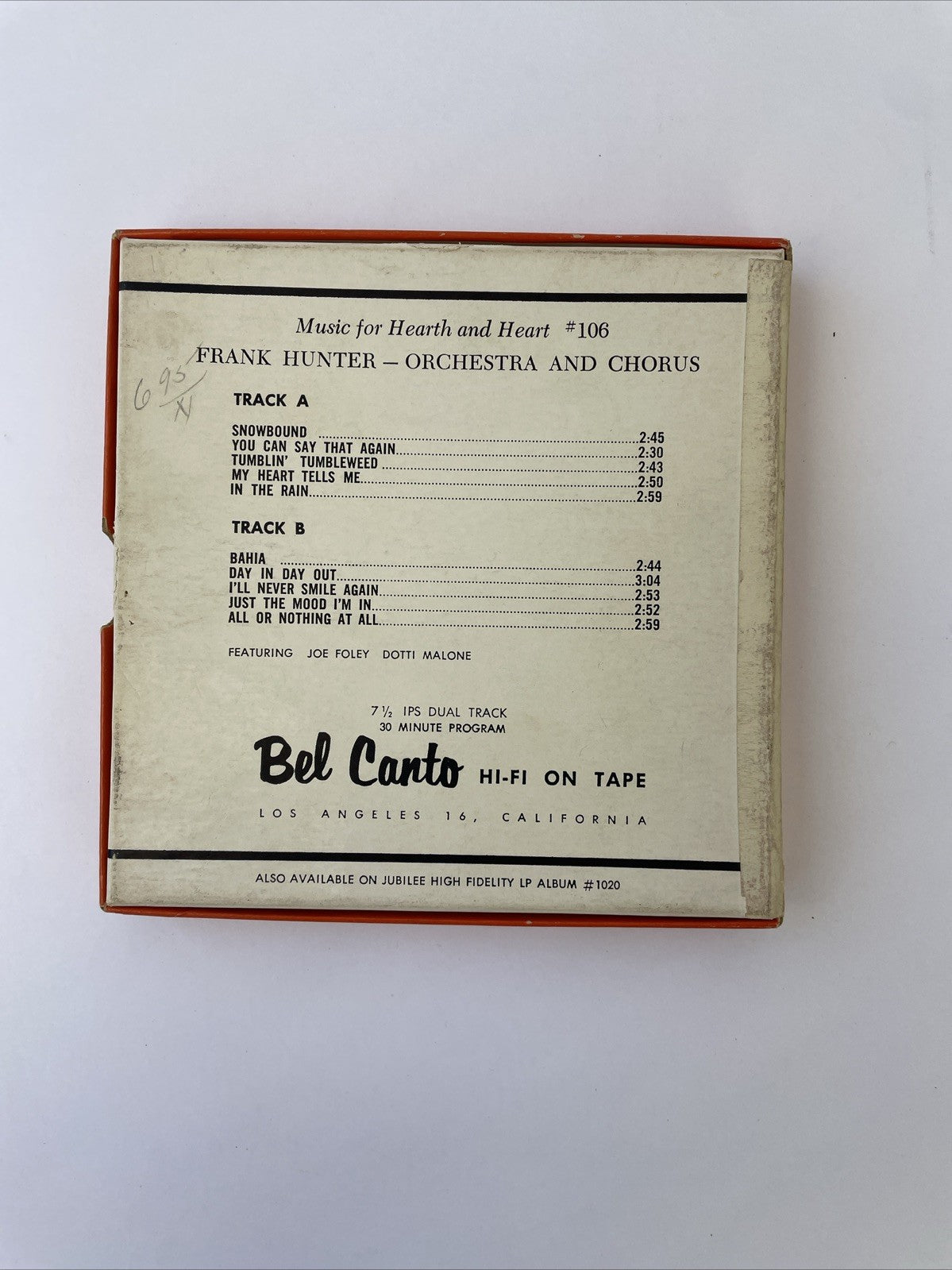 Frank Hunter Music for the Hearth & Heart Vol. 1 Bel Canto Records 7-1/2 IPS #2