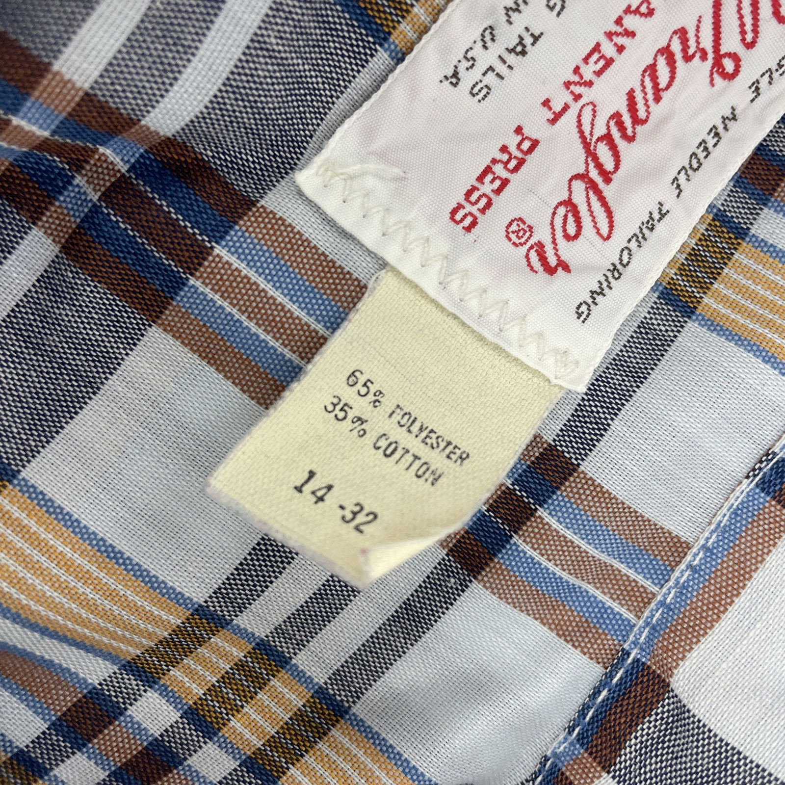 Vintage Wrangler Shirt Mens Plaid Long Tails Pearl Snap Western Rodeo 32-14 USA