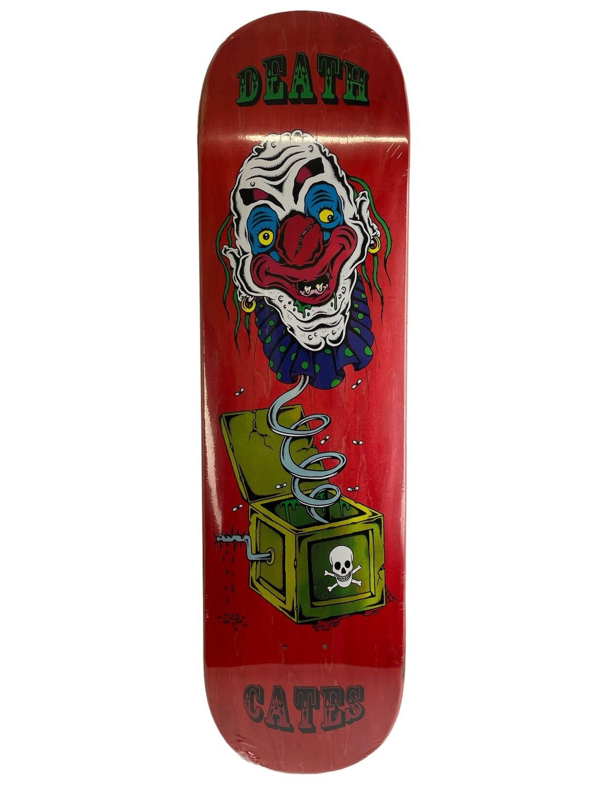 Death Skateboards Dan Cates Jack in the Box Clown Pro red 8.25-inch skateboard deck with grip tape.