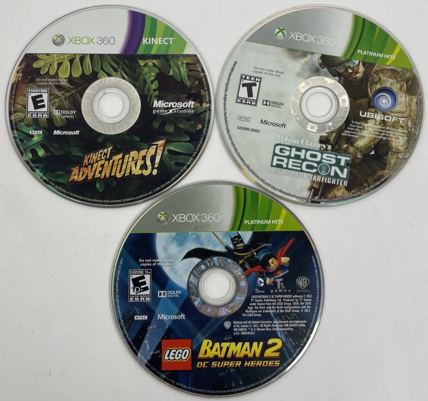 Lot of 3 x MICROSOFT XBOX LEGO BATMAN 2, Ghost Recon, Kinect Adventures No Case