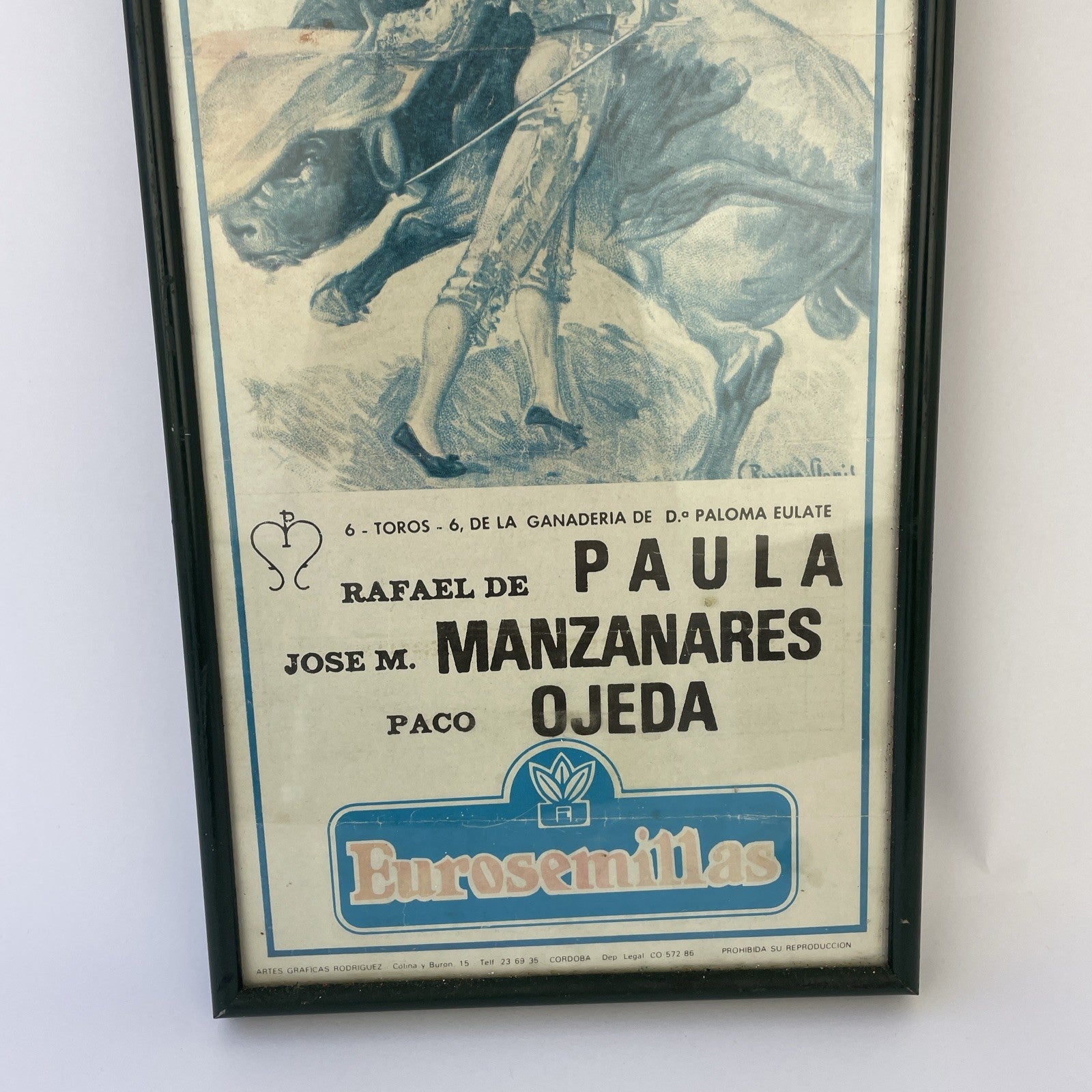 JEREZ Feria Del Caballo SPAIN Bullfighting Framed Vintage Poster 1987 19" x 8"