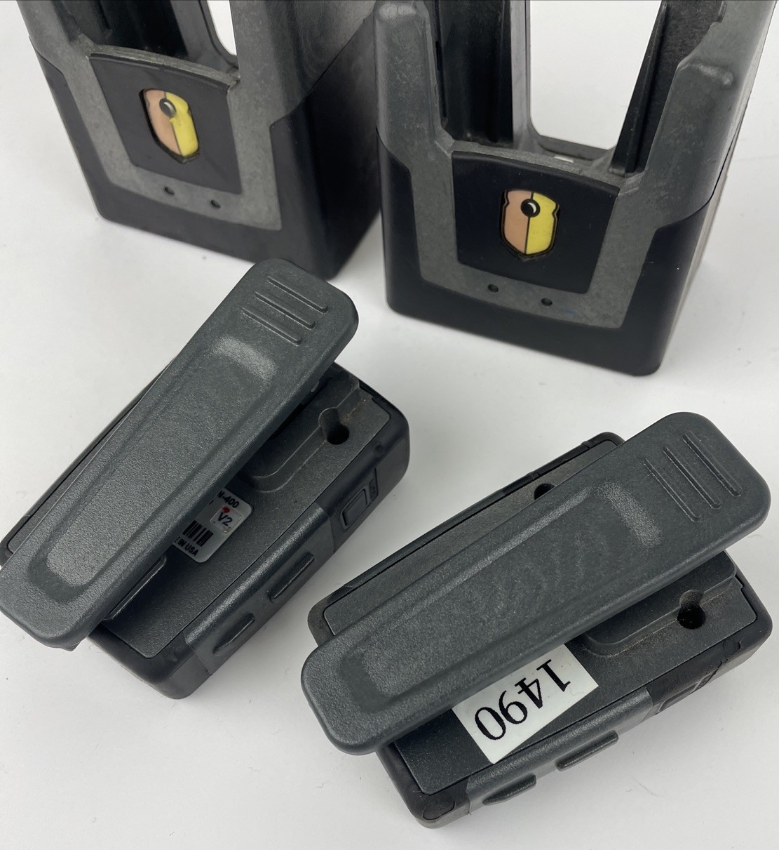 2 x Watchguard wireless microphone device belt clip and charger MIC-WRL-TRN-400