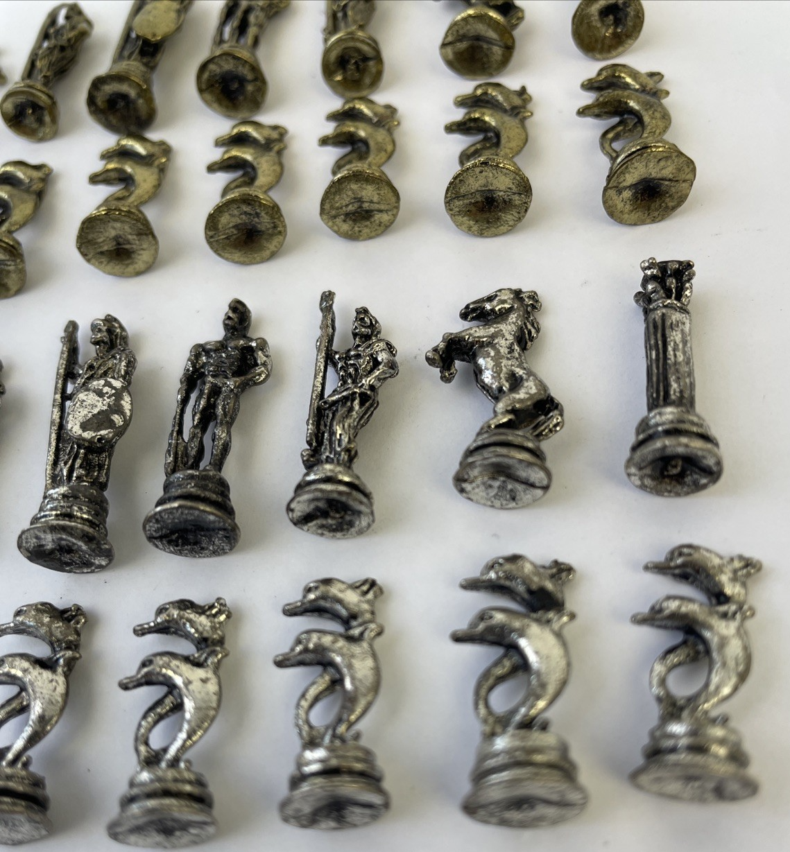 Vintage Miniature Neptune Fantasy Theme Pewter Chess Pieces Full Set Gold Silver