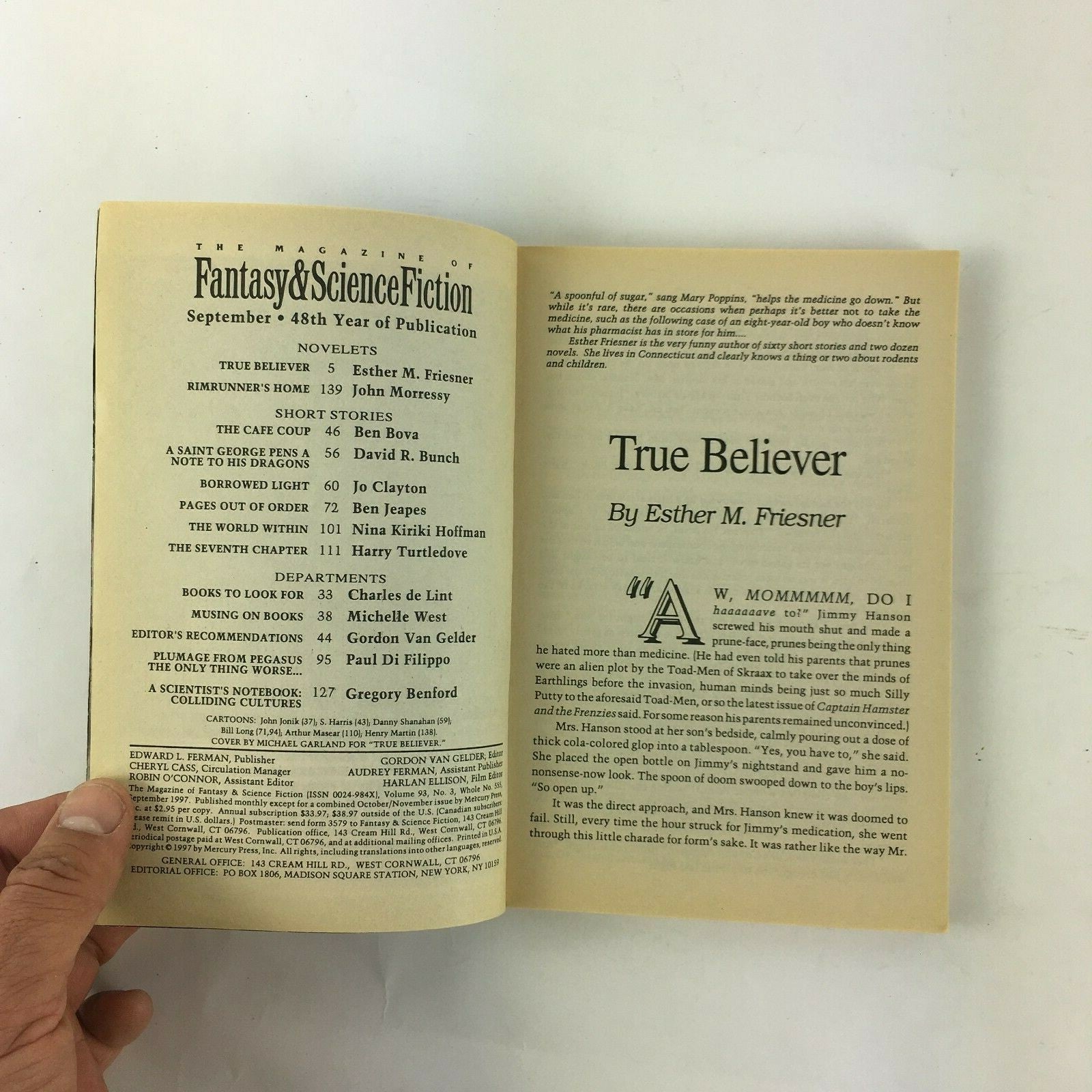 September Fantasy & Science Fiction Magazine TrueBeliever EstherFriesner BenBova