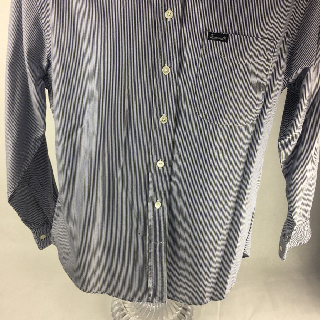 Faconnable Mens Button Front Shirt White Blue Stripe Long Sleeve Pocket Cotton S