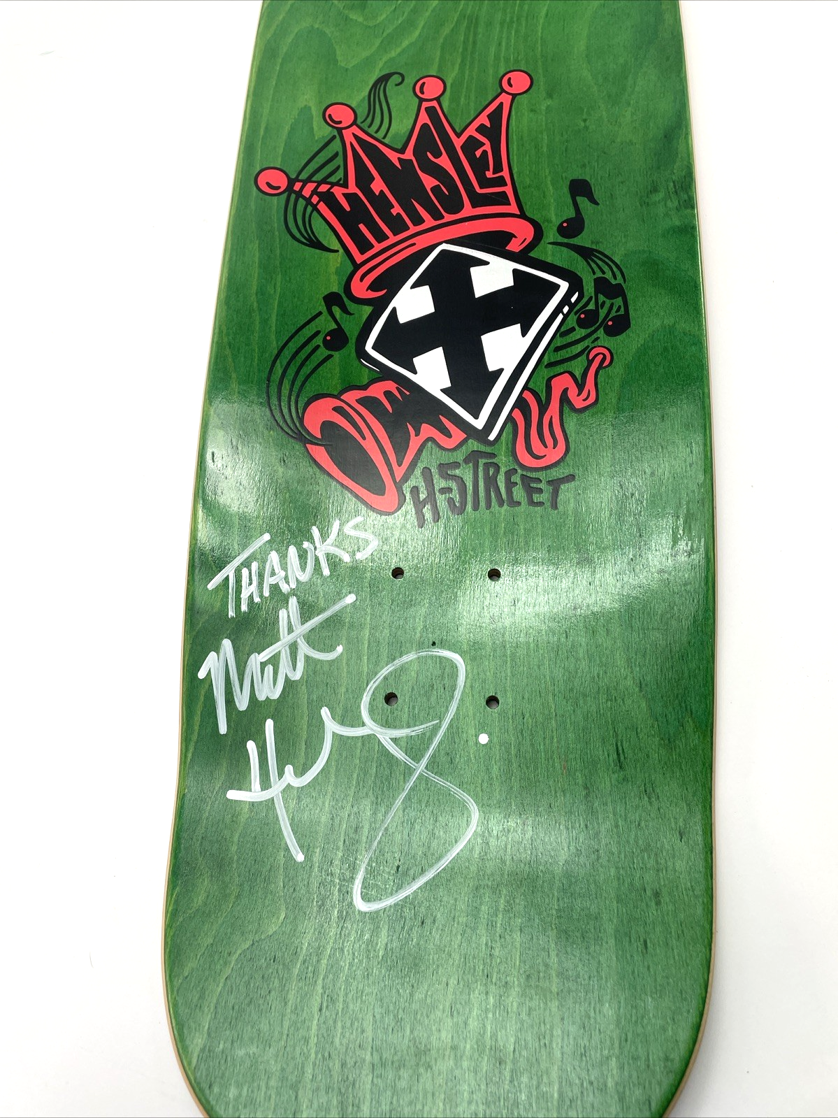 Matt Hensley H-STREET Musical Jester Skateboard Deck Green Stain Signed 32" x 9"