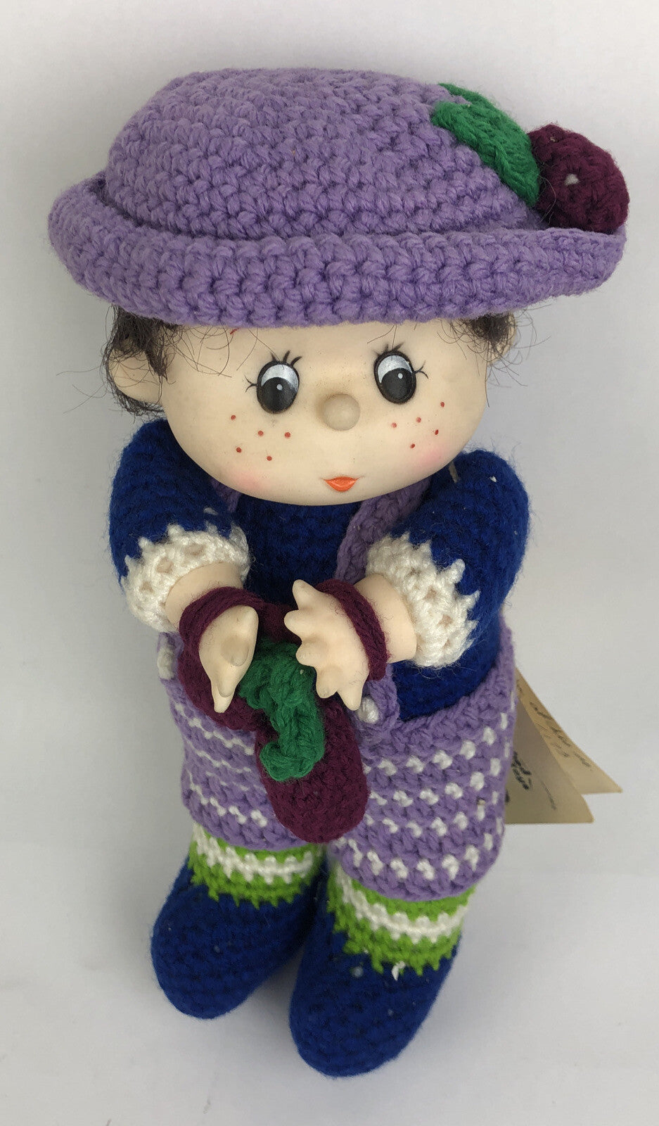 Hand Crafted Crochet Doll w Hat And Purse Knitted Soft Toy 12" " Plumb Pudding "