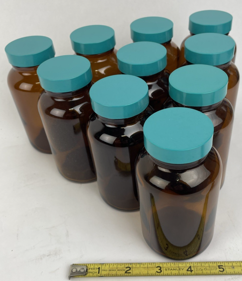 10 x Wide Mouth Round Precleaned / QC Bottle Sampling, Glass 250 mL Amber, w Lid