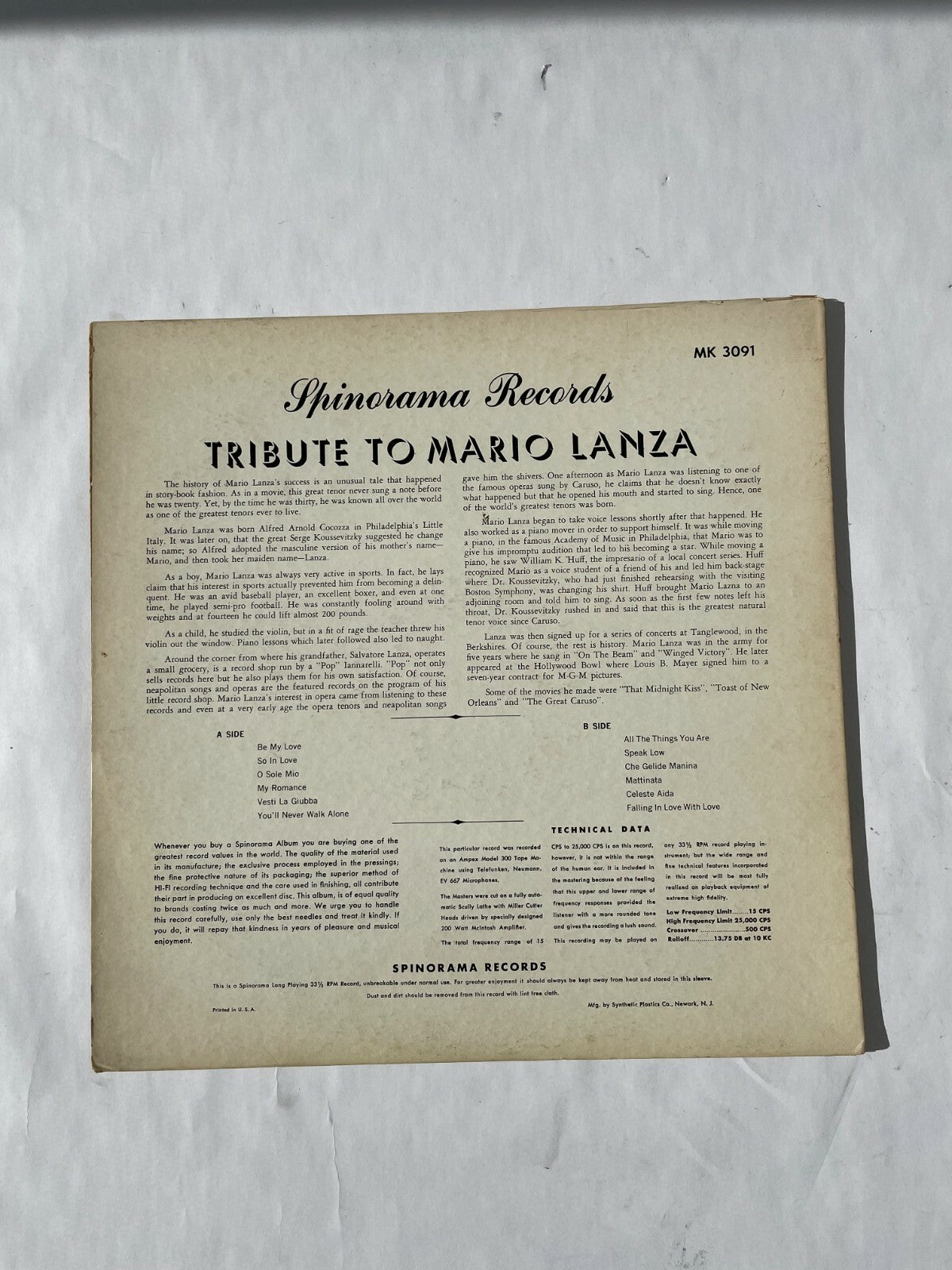A Tribute To Mario Lanza Sung By Enzo Stuarti Vinyl Record Q10