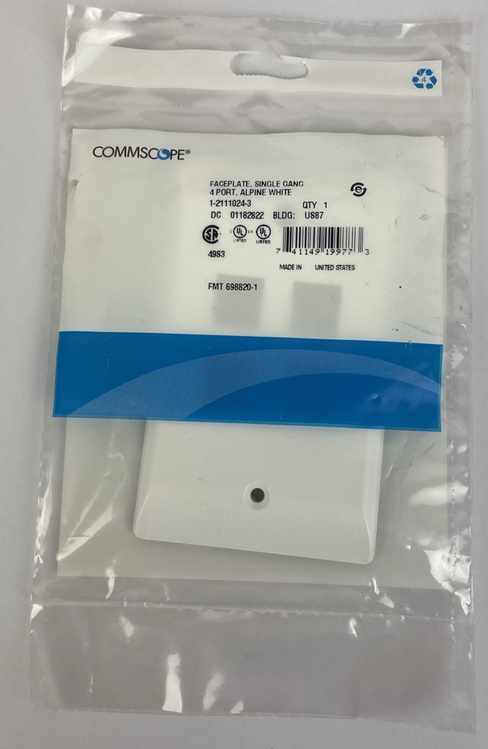 2 x CommScope Faceplate Single Gang 4 Port 1-2111024-3 Alpine White Wallplate