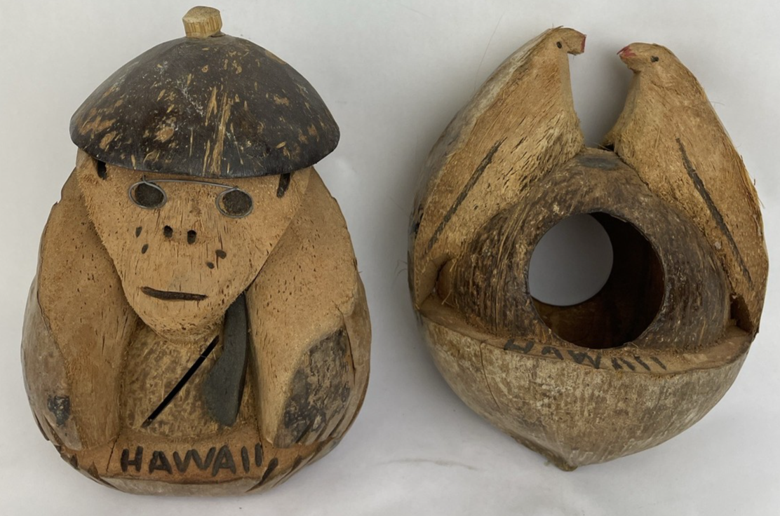 2 x Hawaii Coconut Carved Hand Made Tribal Native Birds Monkey Decor Hanging