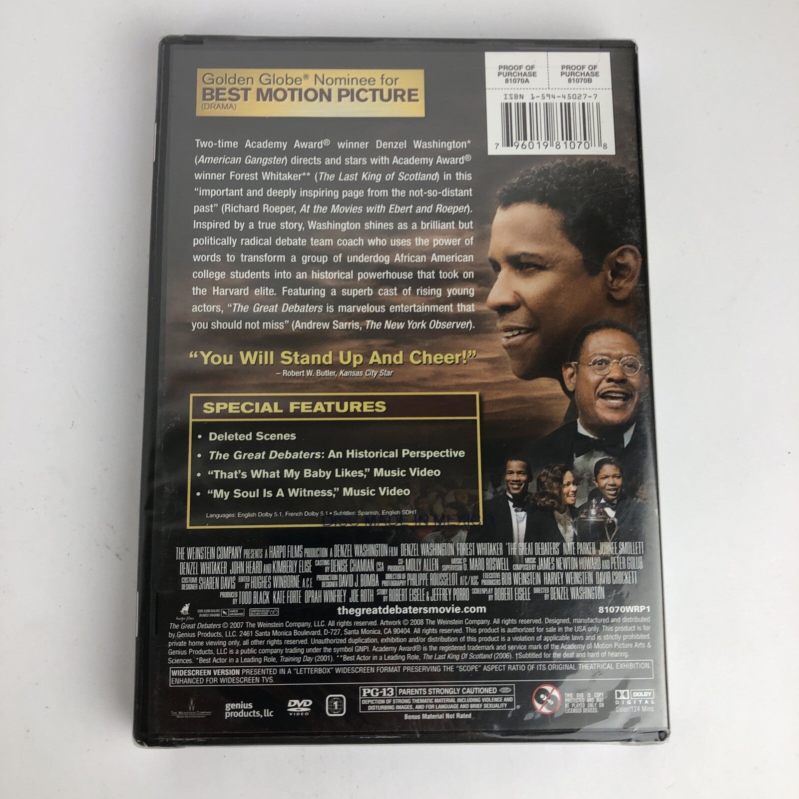 The Great Debaters DVD Denzel Washington Forest Whitaker Damien Leake BRAND NEW!