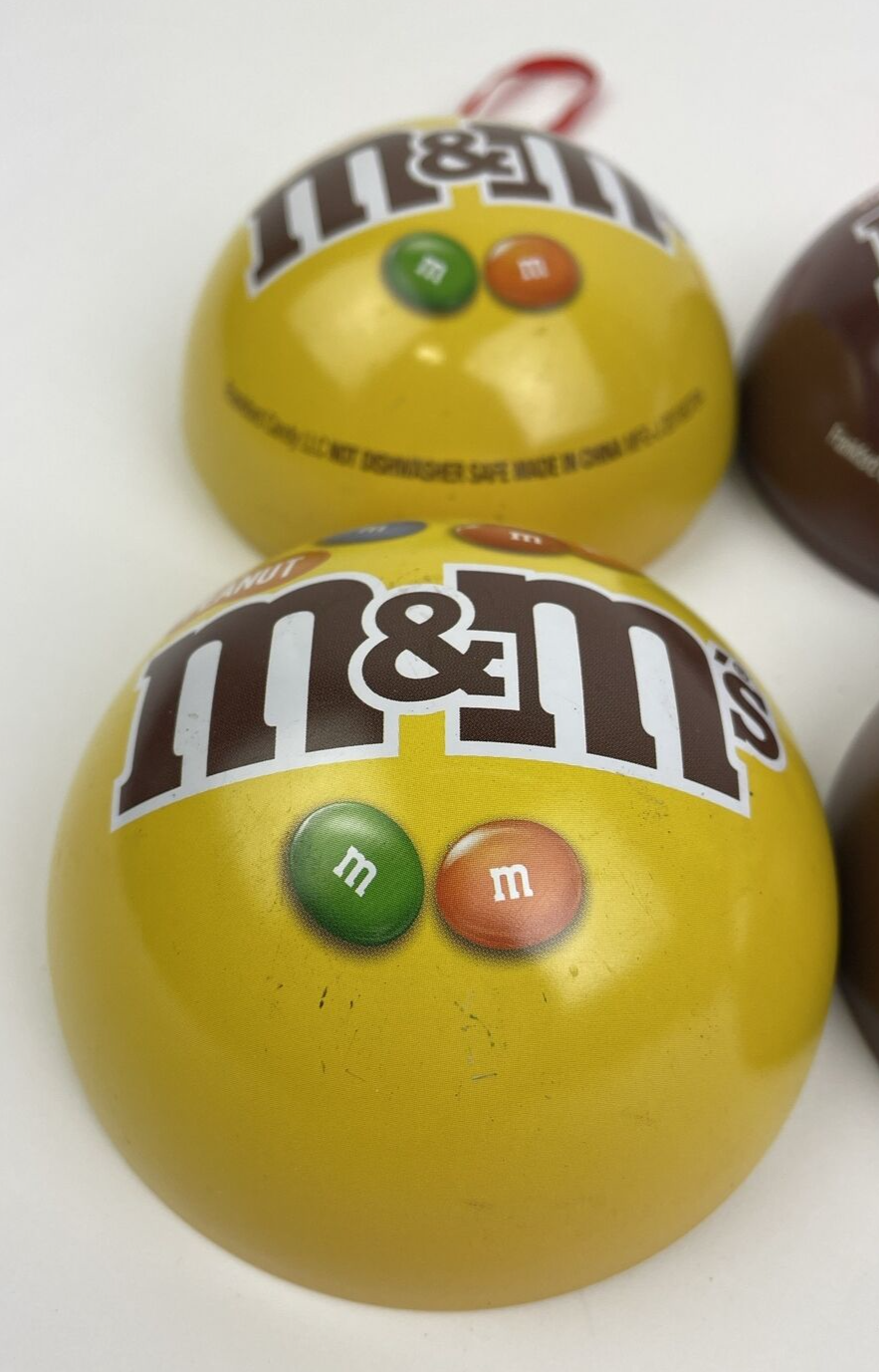 Lot of 2 x M&M Chocolate & Peanut METAL BALL CHRISTMAS ORNAMENT Empty -Rare Find