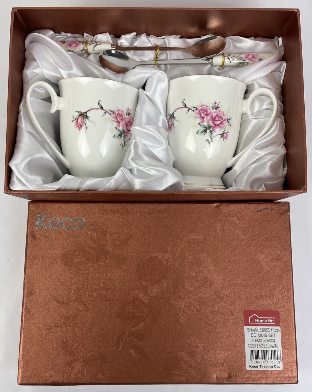 Koco Trading Co. BC Mugs White w Gold Accents Pink Roses 4 Piece Set w Spoons