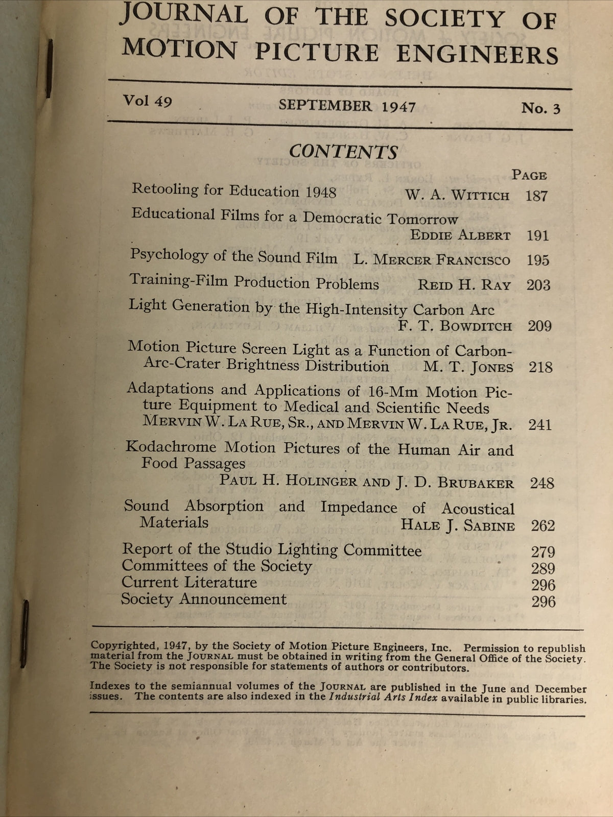 SMPE Journal Of The Society Of Motion Picture Engineers September 1947 VOL 49