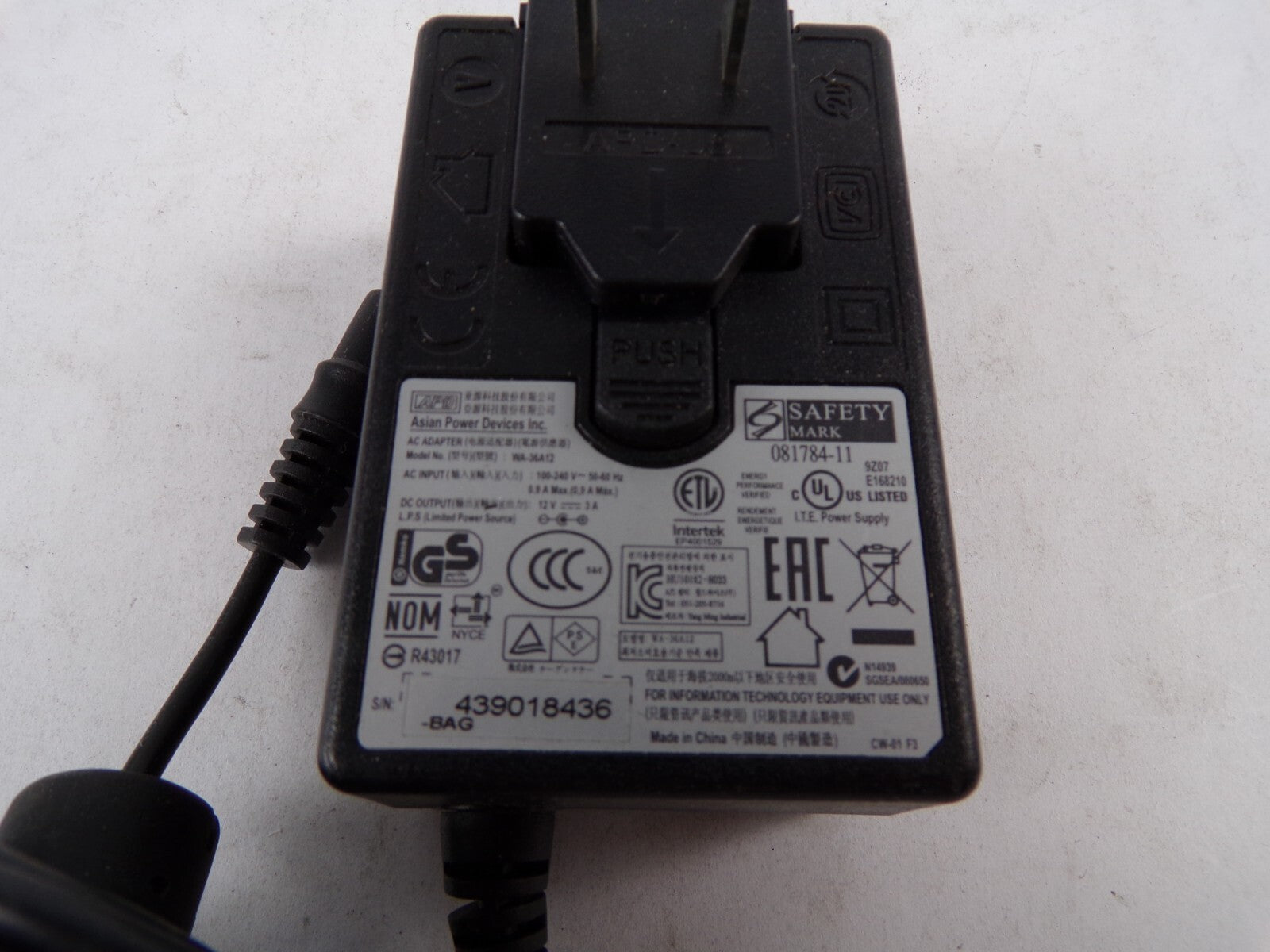 Geniune Asian Power Device WA-J6A12 Output 12 V  3 A Power Supply Adapter A56