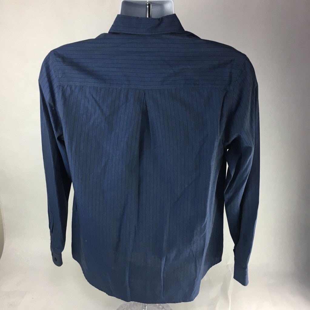 Fil A Fil Mens Button Front Shirt Blue Striped Long Sleeve Pocket 100% Cotton 38