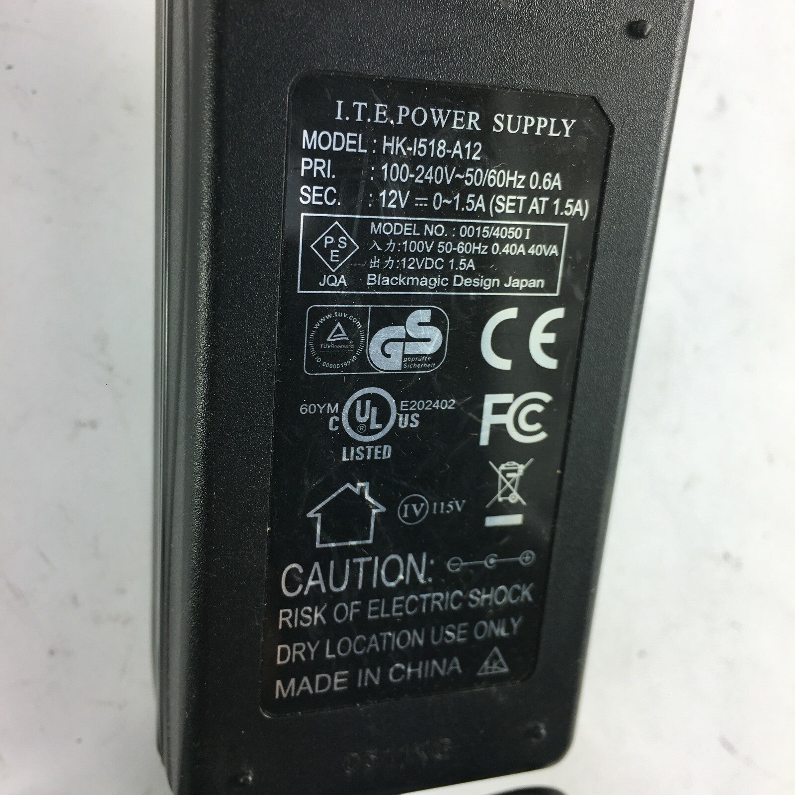 Genuine I.T.E HK-1518-A12 Output 12V 1.5A Power Supply Adapter A52