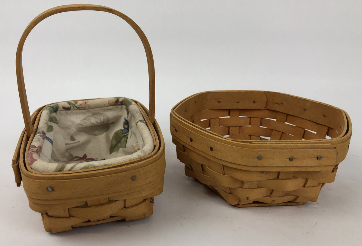 2 x Vintage Longaberger Baskets Two Small  1 With Floral Liner Dresden Ohio USA