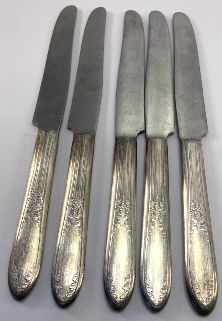 Vintage National Stainless N.S. Co.  5  Dinner Knives Flower Glossy - Japan Made