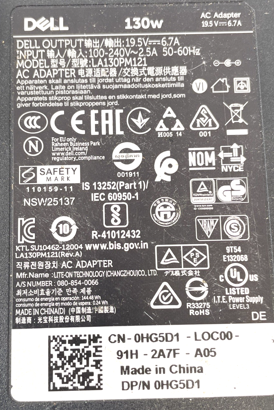 Genuine Dell Precision 130W AC Barrel Laptop Adapter LA130PM121 DA130PE100   B01
