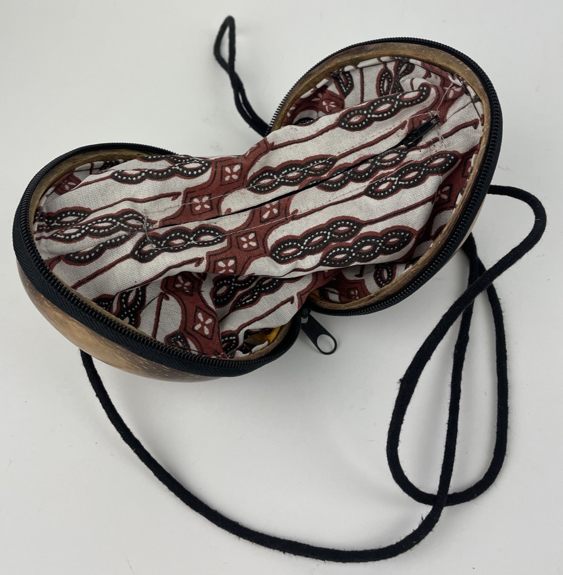 Real Coconut Purse Folk Art Couture Vintage Hand Made with Zippered Closure
