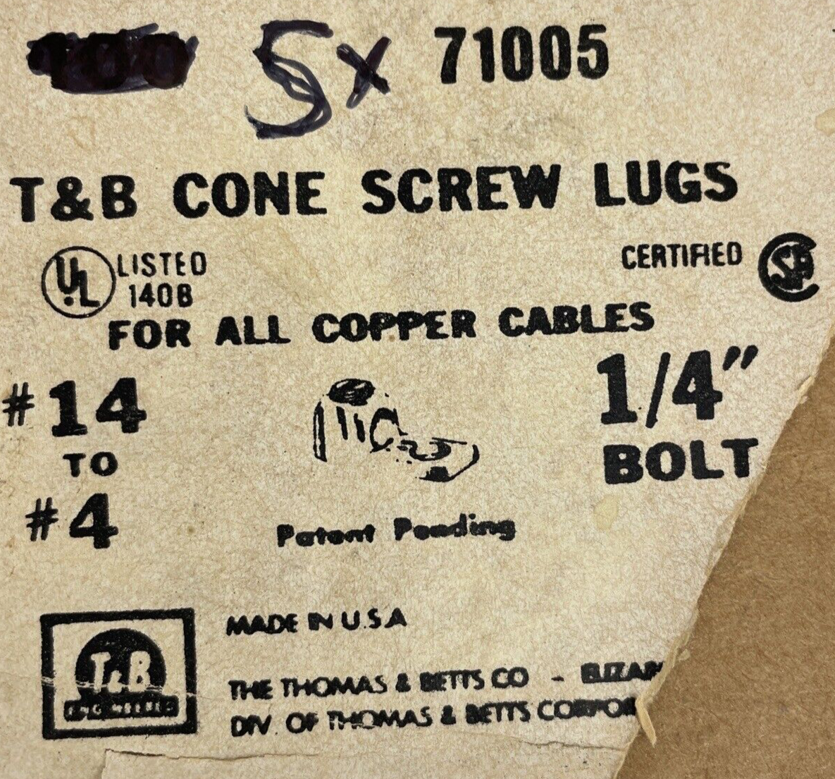 5 x THOMAS & BETTS 71005-TB Locktite Copper Cone Screw Lug Conductor Range 14-4