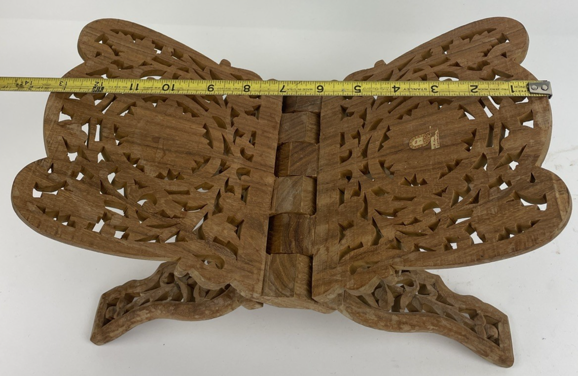 Vintage Hand Carved Wooden Open Book Holder Folding Display Bible, Cookbook Rack