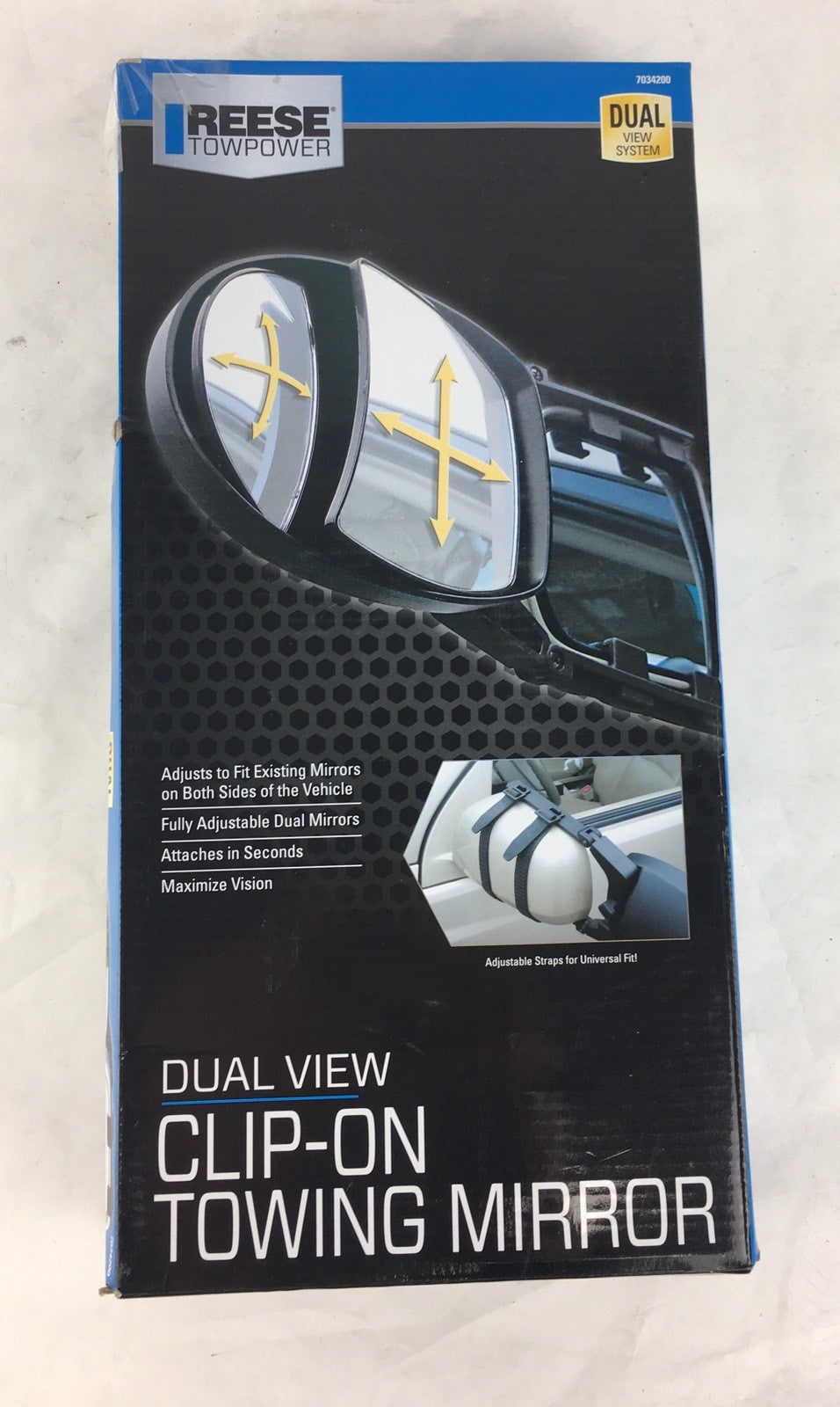 Reese 7034200 dual view clip-on towing mirror with adjustable flat and convex mirrors for trailer towing visibility.