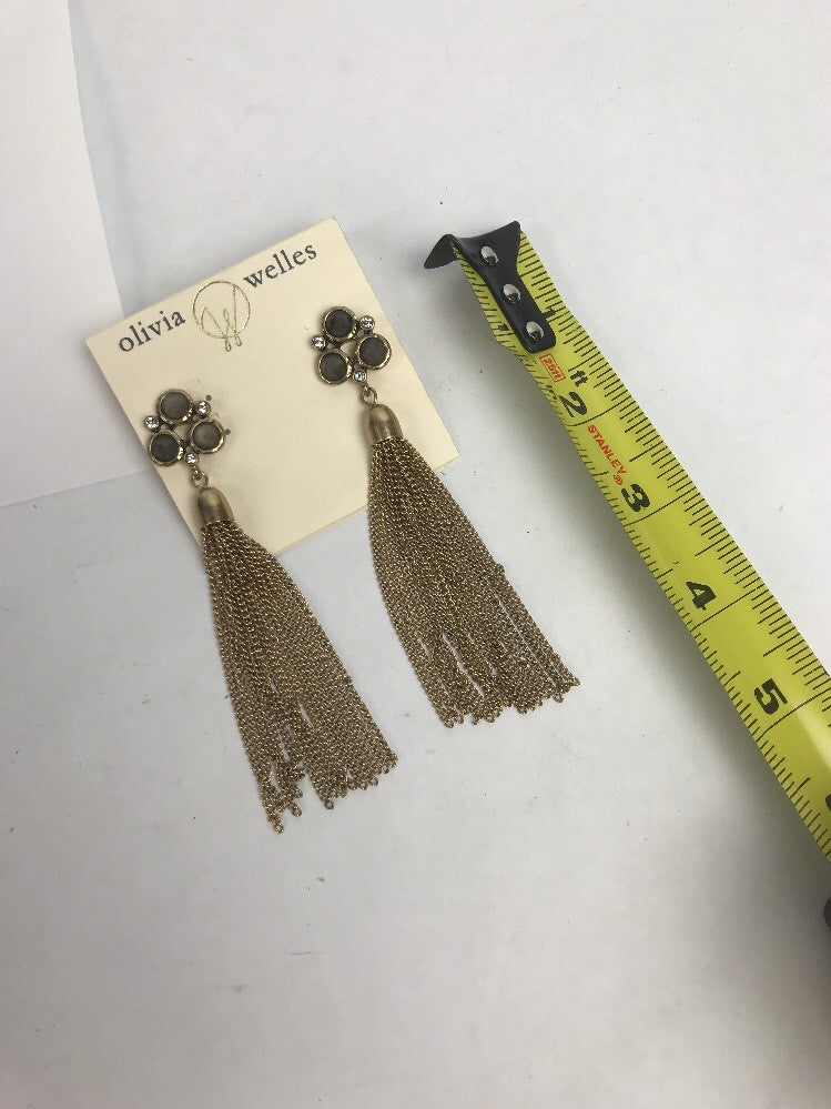 Beaded Round Stud Olivia Welles  and Tassel 4" Long Drop Earrings GOLD Crystal