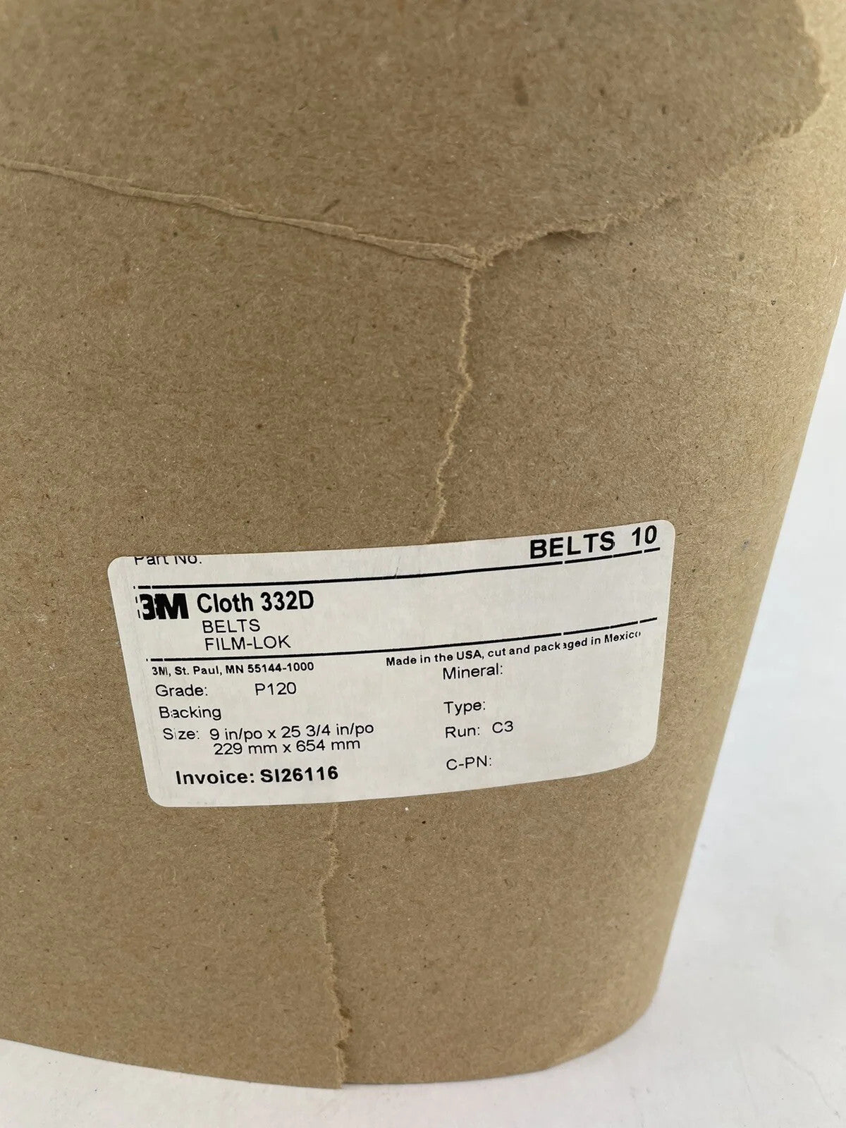 3M Cloth Belt film-LOK 332D sanding belt sleeve 120 grit  9" x 25 3/4” - 10 pack