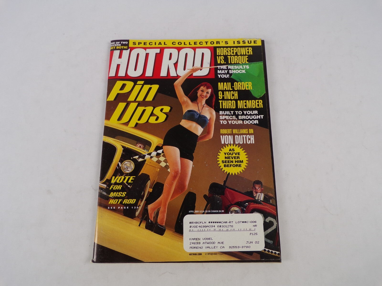 April 2001 Hot Rod Magazine Pin Upsc Horsepower vs. Torque Von Dutch