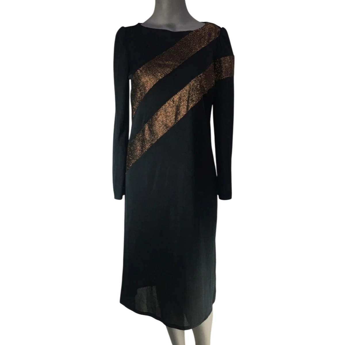 Visionz Womens Shift Dress Black Gold Stripe Midi Long Sleeve Vintage 1980's 5/6