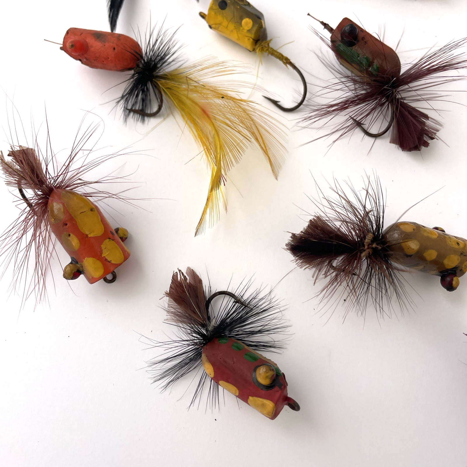 Vintage Lot Wooden Top Water Fishing Lures Flies Fly Fishing Folk Art Hand Made