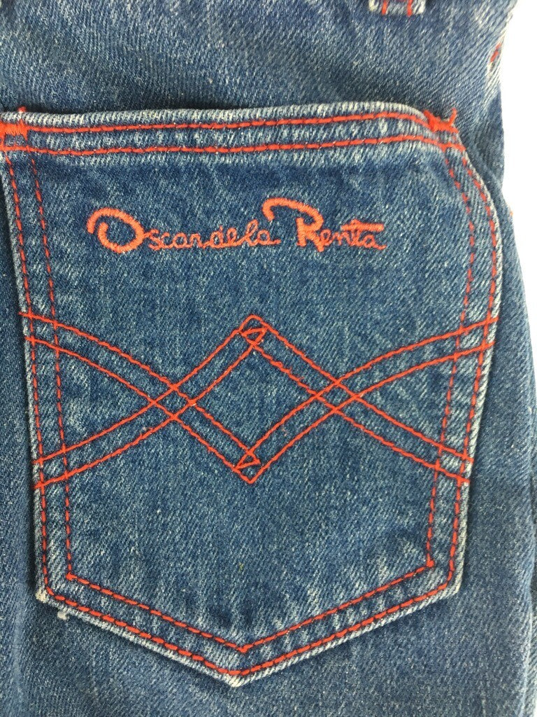 Oscar De La Renta Womens A Line Denim Skirt Blue Zipper Fly Pockets Fringes 12