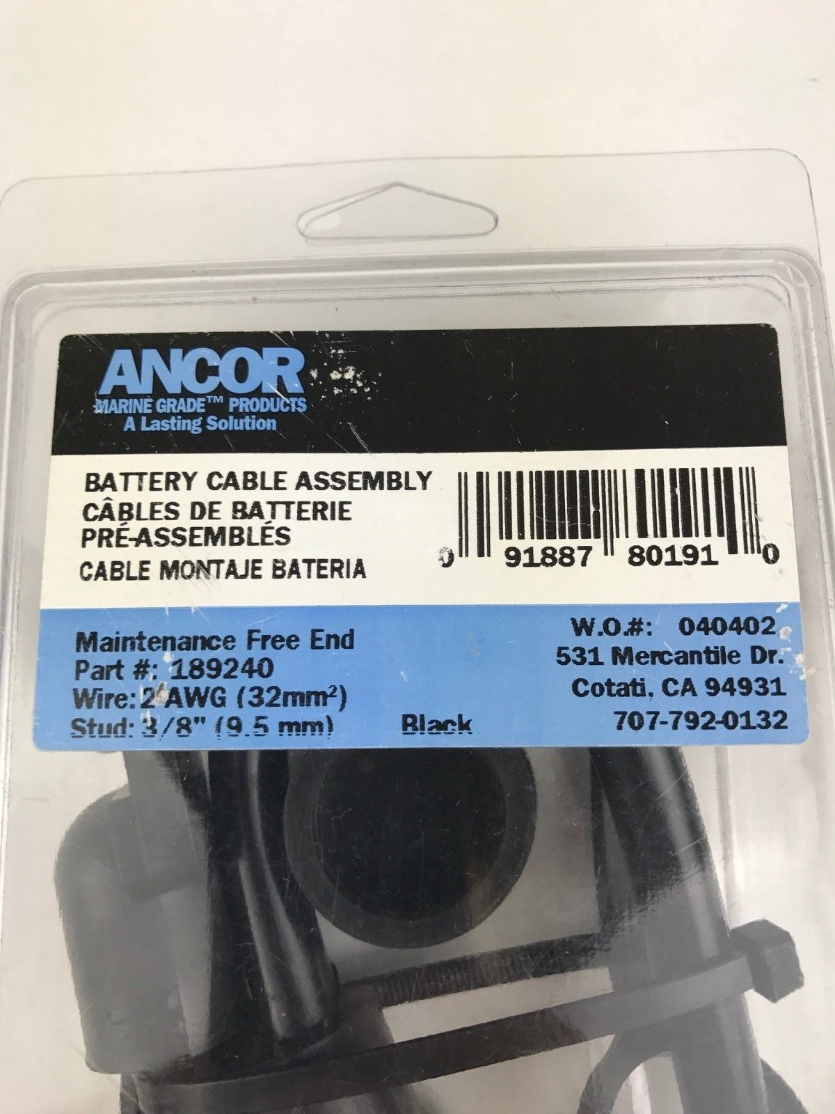 189240 - Ancor Battery Cable Assembly, 2 AWG (32mm) Wire, 3/8" (9.5mm) Stud 