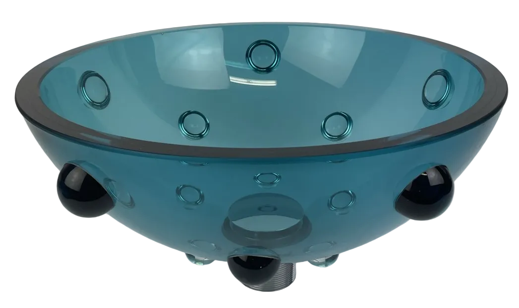 VITRAFORM Freestanding Glass Sink OD 14.5" Light Blue Finish w Designer Drain