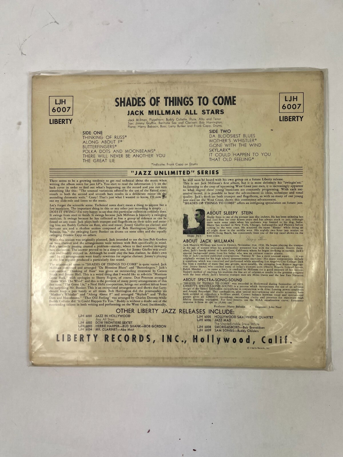 Shades Of Things To Come Jack Millman Sextet Jazz Unlimited Vinyl Record