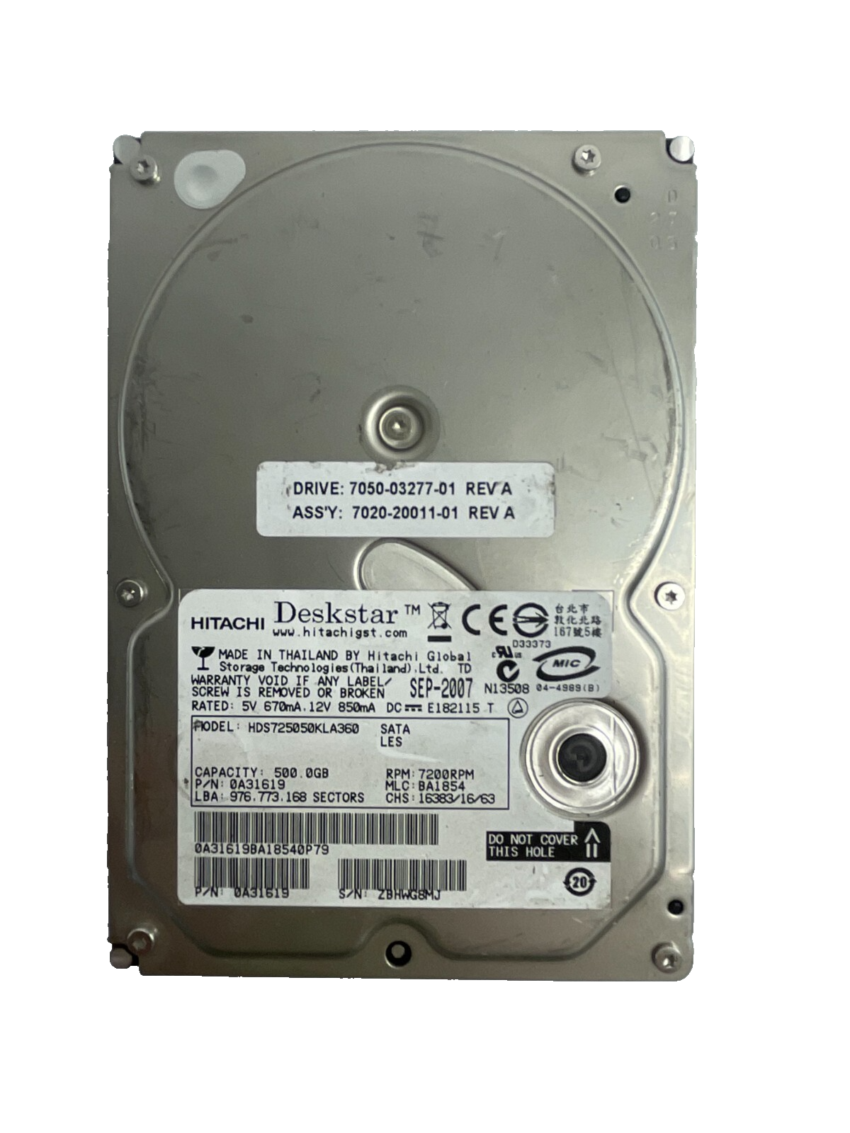 Hitachi Deskstar Model HDS725050KLA360 7200RPM 500GB Internal Drive Cache 16MB