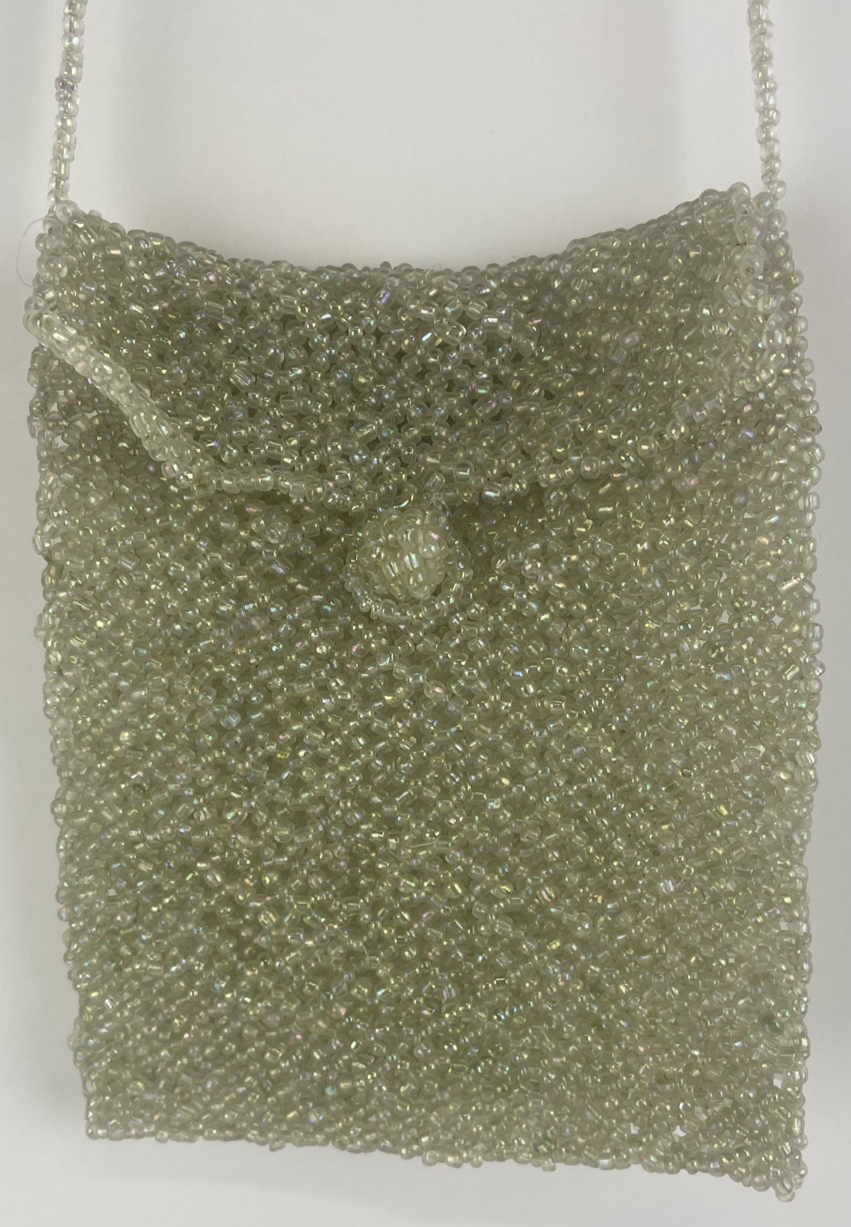 Vintage Small Opalescent Beaded Purse Crossbody Bag Green Pink 5" x 4"