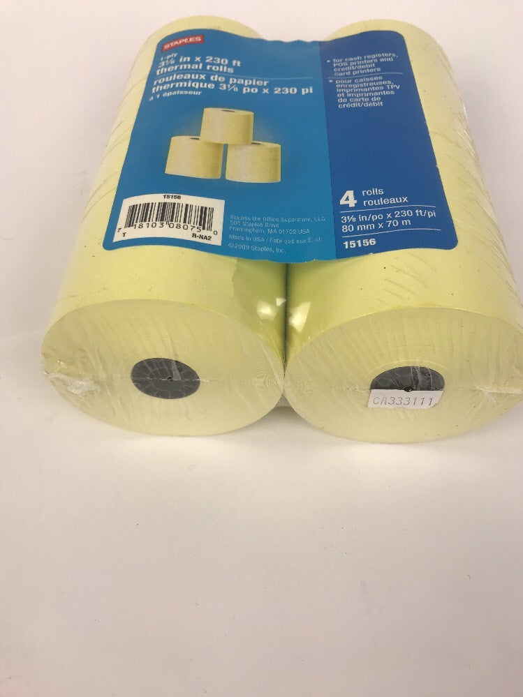 4 Staples Thermal Paper Rolls 28402, 3 1/8"(W) x 230'(L)